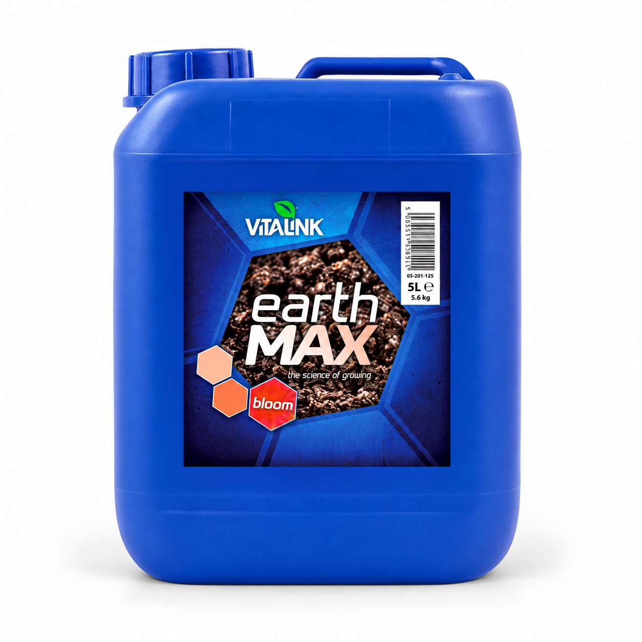 A 5L blue plastic canister of Vitalink earth MAX soil supplement, featuring a detailed product label with soil imagery and brand logos, set against a plain white background.